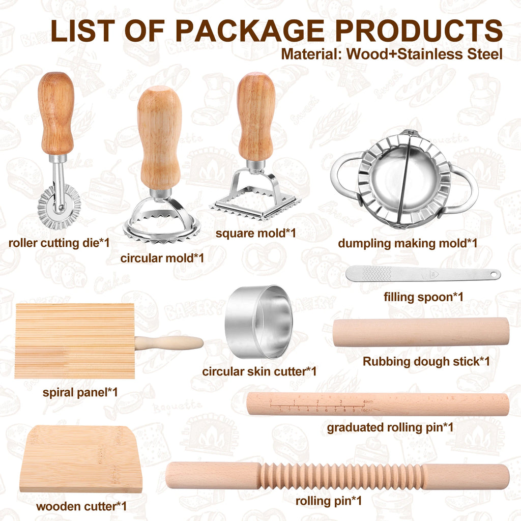 Kit 11 Pezzi per Pasta Fatta in Casa - Mattarello, Tagliere Gnocchi e Tagliapasta