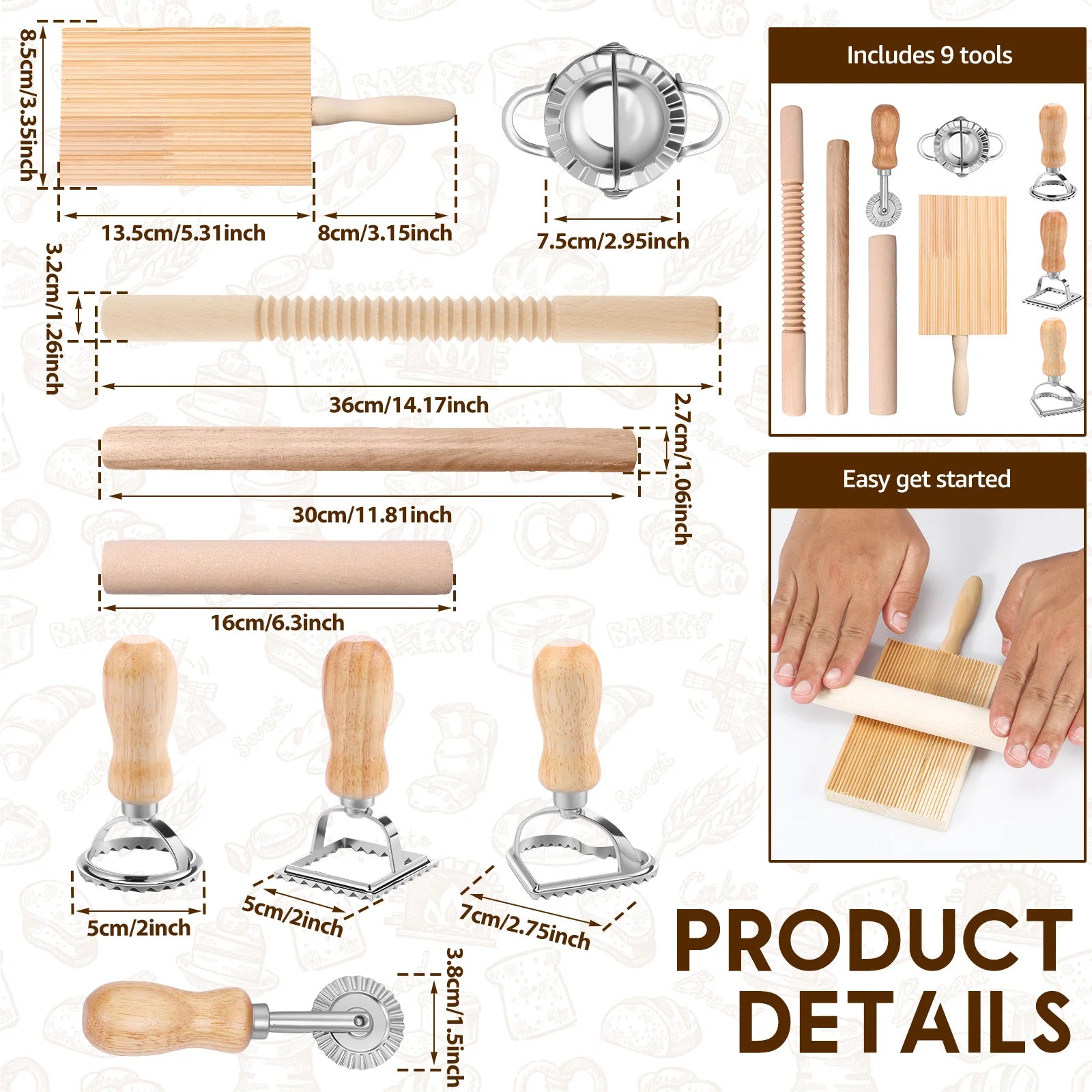 Kit 9 Pezzi per Pasta Fatta in Casa - Stampi Ravioli, Mattarello e Taglieri Gnocchi