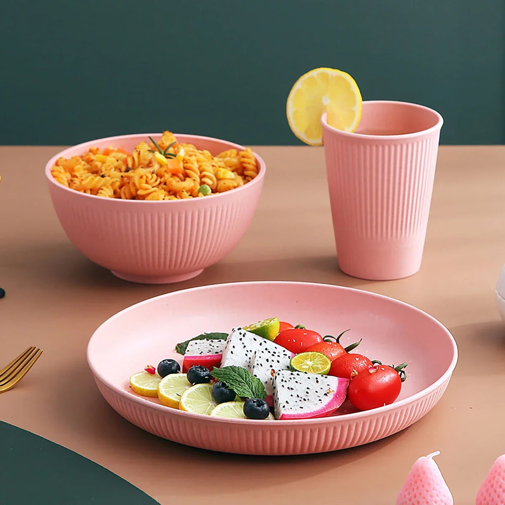 Set 4 Pezzi Stoviglie in Paglia di Grano - Piatto Ciotola Tazza Ecologico Infrangibile