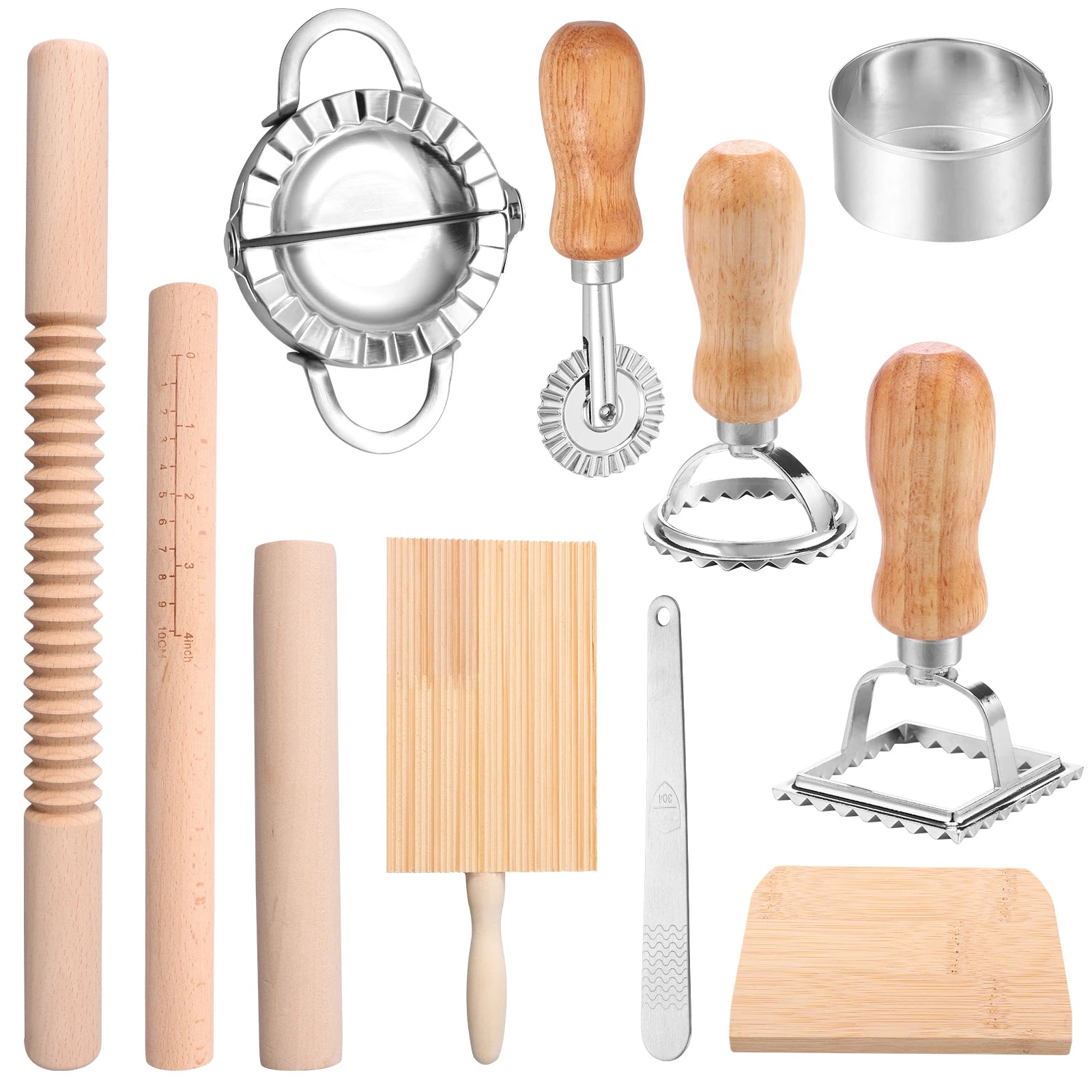 Kit 11 Pezzi per Pasta Fatta in Casa - Mattarello, Tagliere Gnocchi e Tagliapasta