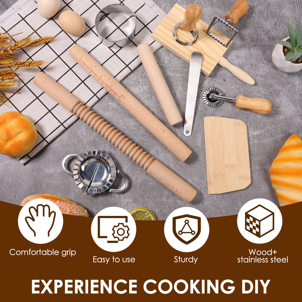 Kit 11 Pezzi per Pasta Fatta in Casa - Mattarello, Tagliere Gnocchi e Tagliapasta