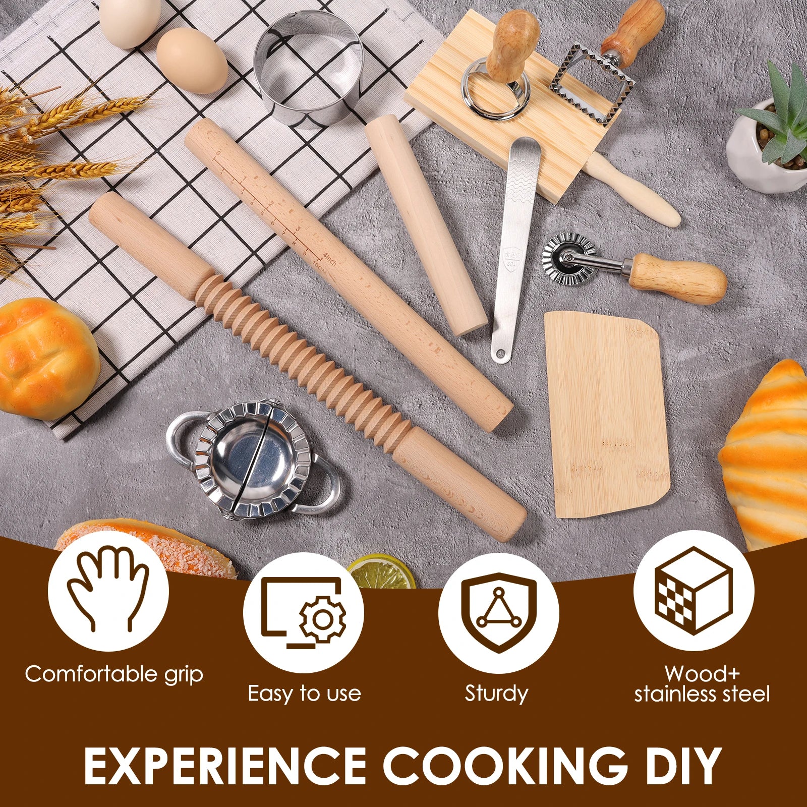 Kit 11 Pezzi per Pasta Fatta in Casa - Mattarello, Tagliere Gnocchi e Tagliapasta