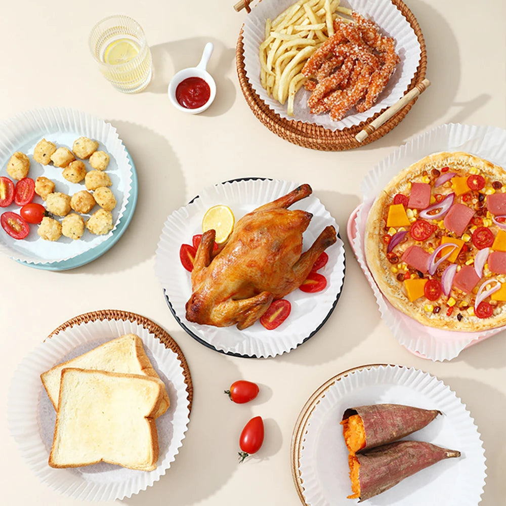 Carta da Forno Monouso per Friggitrice ad Aria - 50/100 Pezzi Antiaderente Rotonda