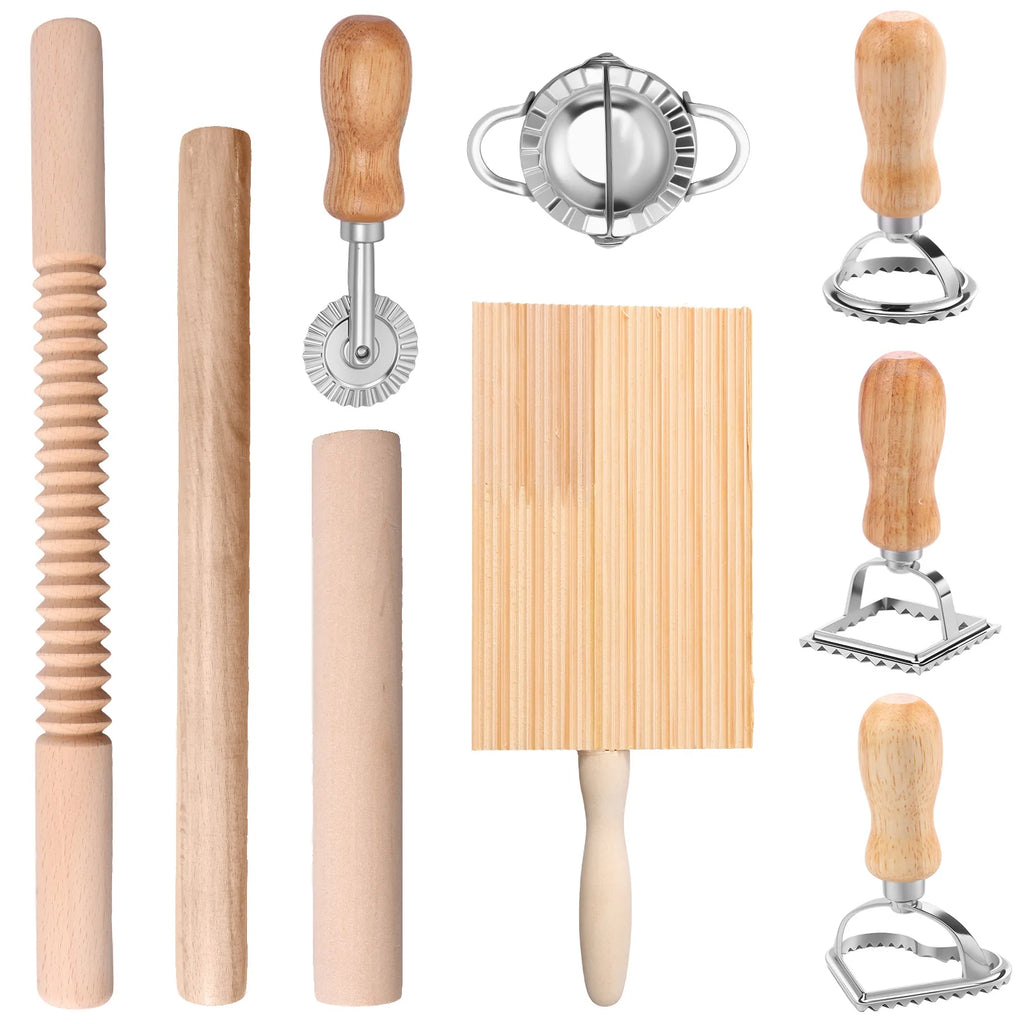 Kit 9 Pezzi per Pasta Fatta in Casa - Stampi Ravioli, Mattarello e Taglieri Gnocchi