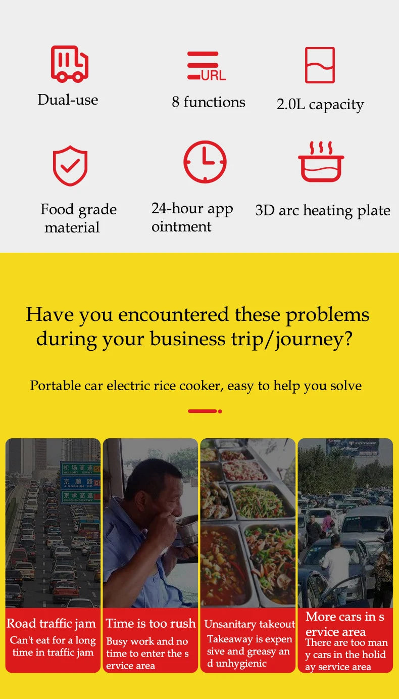 Cuoci Riso Portatile per Auto 2L - Pentola Elettrica Multifunzione 12V/24V