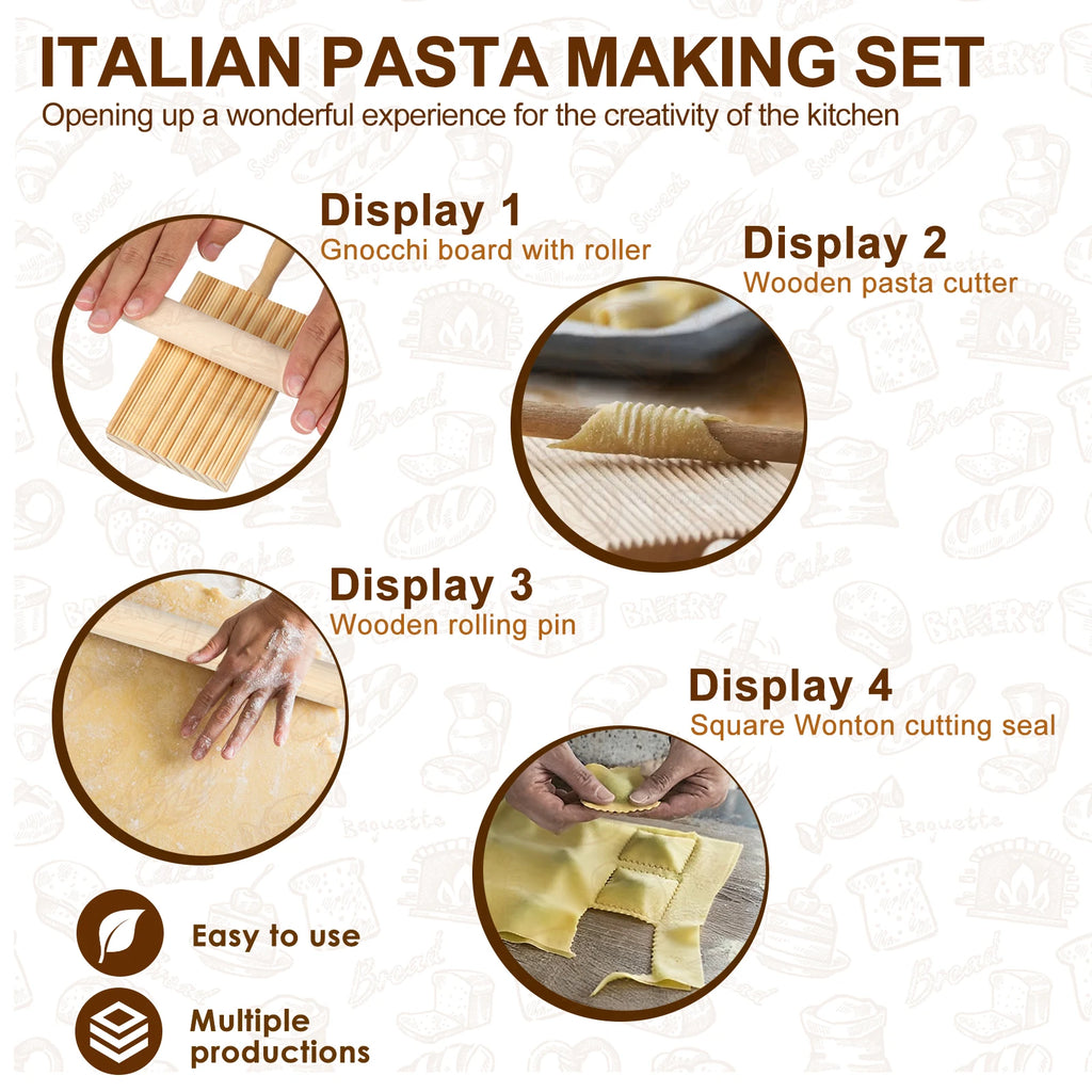 Kit 11 Pezzi per Pasta Fatta in Casa - Mattarello, Tagliere Gnocchi e Tagliapasta