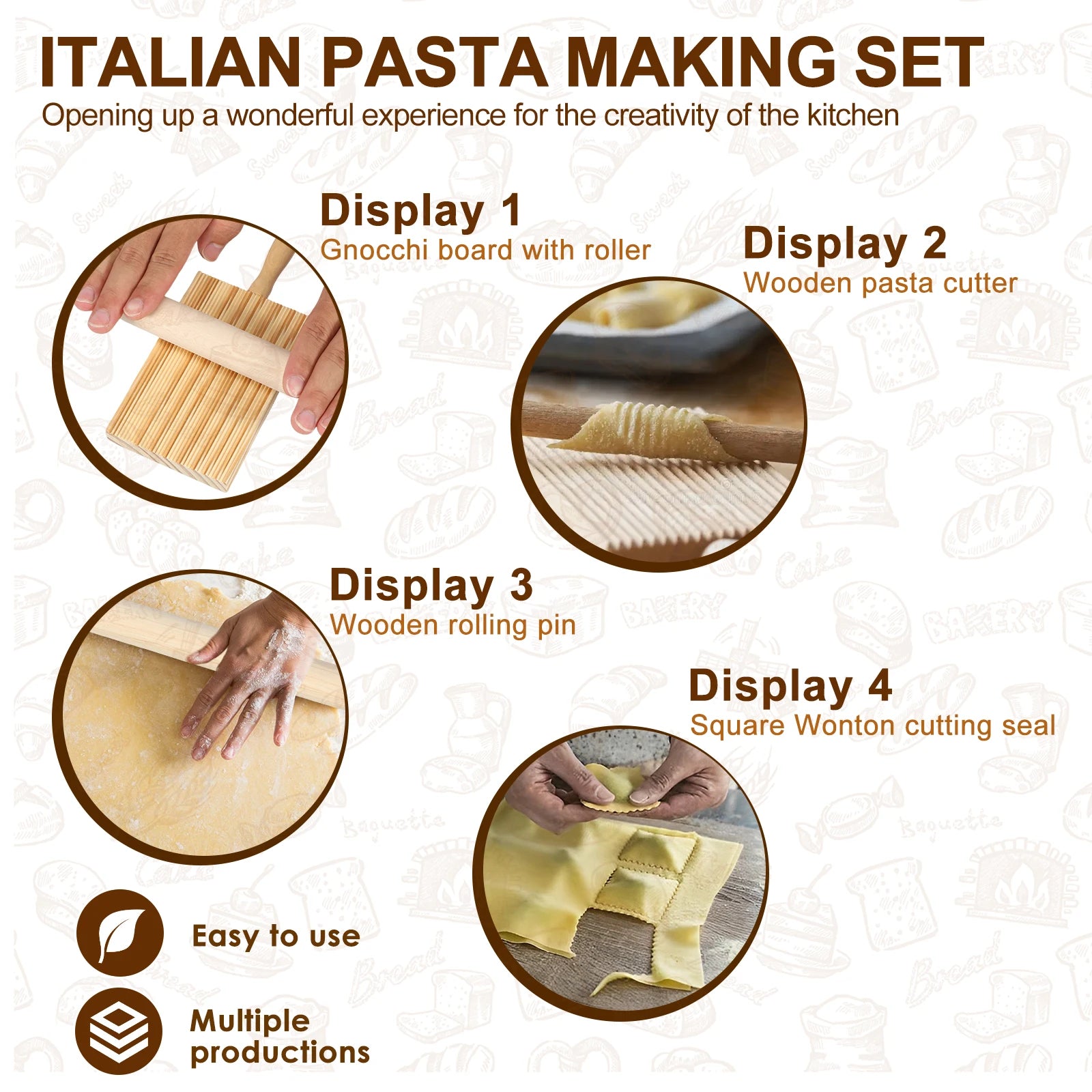 Kit 11 Pezzi per Pasta Fatta in Casa - Mattarello, Tagliere Gnocchi e Tagliapasta